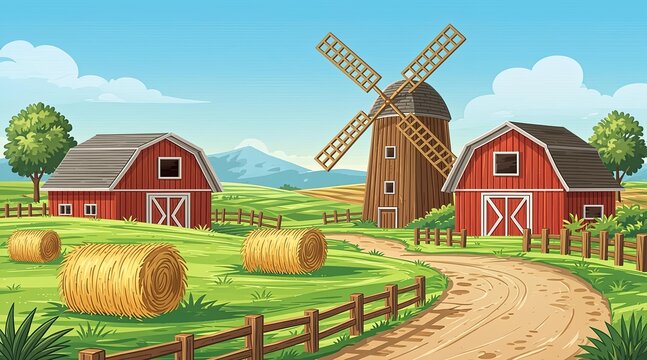 Farm landscape illustration with red barns, windmill, and hay bales on green fields