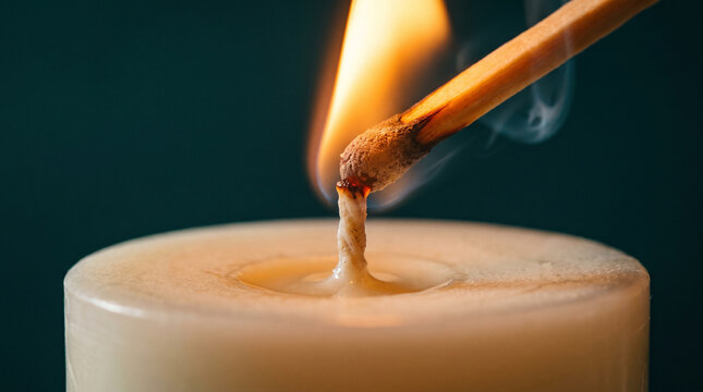A single wooden match lighting a white wax candle wick in the dark.