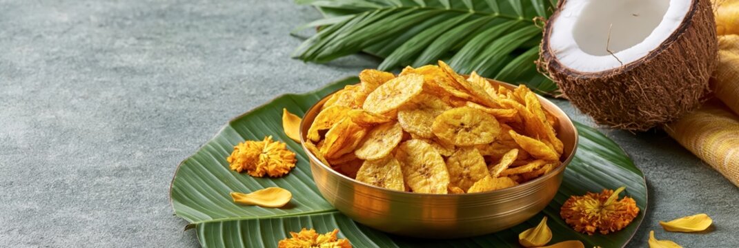 Bowl of crispy banana chips served on a banana leaf with coconut and flowers, onam festival banner realistic banner