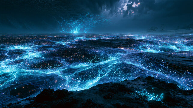 an immense ocean trench illuminated by thousands of glowing bioluminescent creatures, vibrant blue and cyan lights contrasting with absolute darkness, surreal yet scientifically believable.