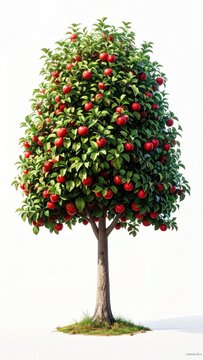 A verdant tree laden with ripe, red fruit against a bright, stark backdrop