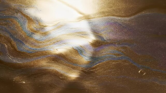 Swirling golden liquid texture with iridescent metallic finish.