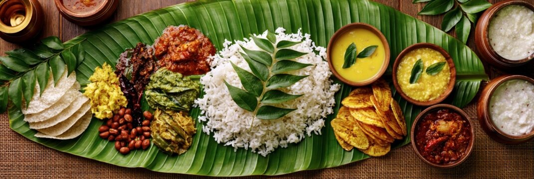 Traditional south indian sadya meal served on a banana leaf with rice, curries, and side dishes, onam festival banner realistic banner