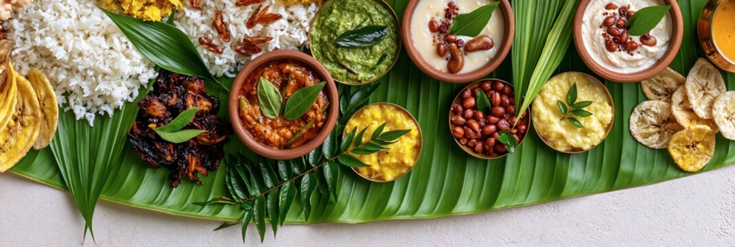 Traditional south indian sadya meal served on a banana leaf with rice, curries, and side dishes, onam festival banner realistic banner
