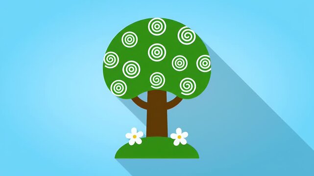 Stylized tree icon with swirl patterns and flowers