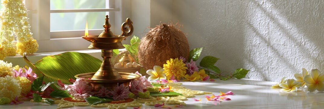 Traditional brass diya oil lamp with coconut and flowers for indian festival celebration, onam festival banner realistic banner