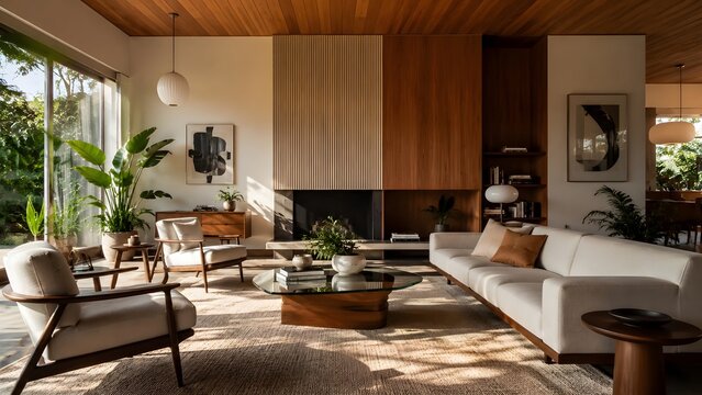 Mid century modern living room interior design with wooden ceiling beige sofa indoor plants and natural sunlight pouring through large glass windows