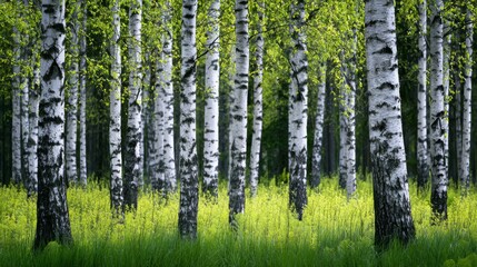 Fototapeta premium Serene Birch Forest with Lush Green Foliage and Bright Sunlight Glimmering Through Trees, Creating a Peaceful Natural Landscape