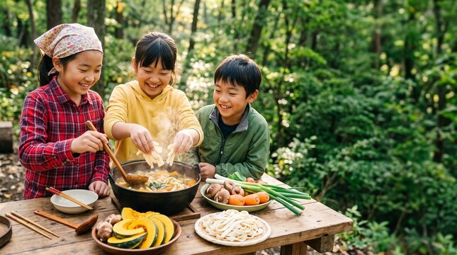 野外調理で楽しそうにほうとうを作る子供たち 林間学校とキャンプ料理