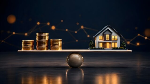 Miniature modern house and stacks of gold coins balancing on a wooden scale representing real estate investment and property valuation concept.
