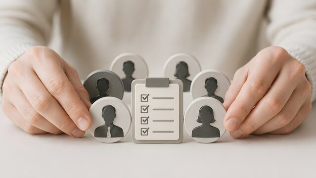 Human resources manager choosing the right candidate from a pool of applicants represented by wooden tokens with checkmark clipboard.
