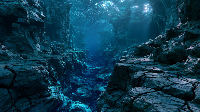 colossal underwater fissures extending through an ancient ocean trench, massive cracked rock formations disappearing into darkness, dramatic underwater perspective, realistic textures.