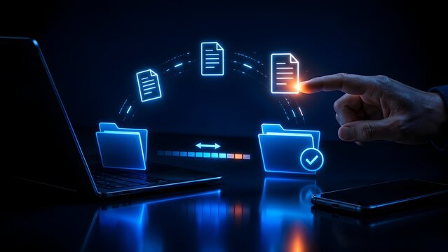 Futuristic file transfer concept with a hand interacting with glowing neon digital documents and folders on a dark technology background.