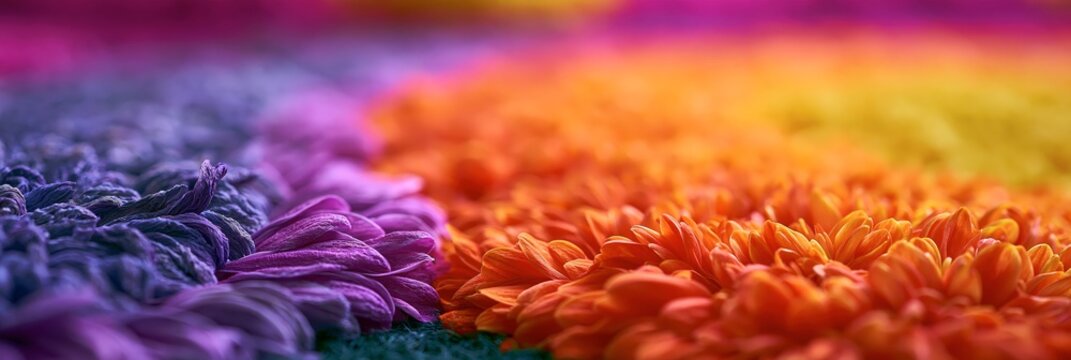Closeup of a vibrant floral garland with pink, orange, and yellow dahlias and scattered flower petals, onam festival banner realistic banner