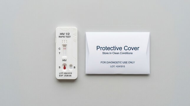 HIV rapid diagnostic test cassette showing negative result with blood sample sits next to its protective paper cover on a clean surface, providing quick screening for human immunodeficiency