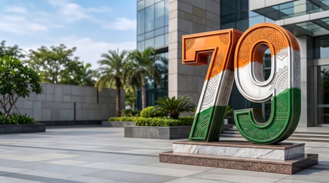 3D Indian Flag Colored 79 Number Sculpture in Modern City Plaza
