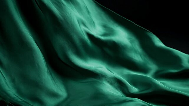 Emerald silk fabric waves flowing gracefully in motion capture digital video for elegant luxury background design