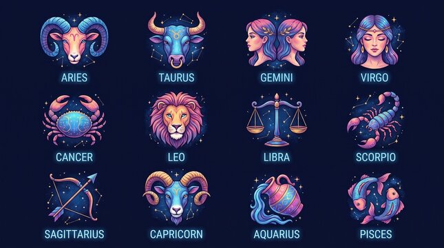 A vibrant grid displaying all twelve astrological zodiac signs with their names on a dark blue background.