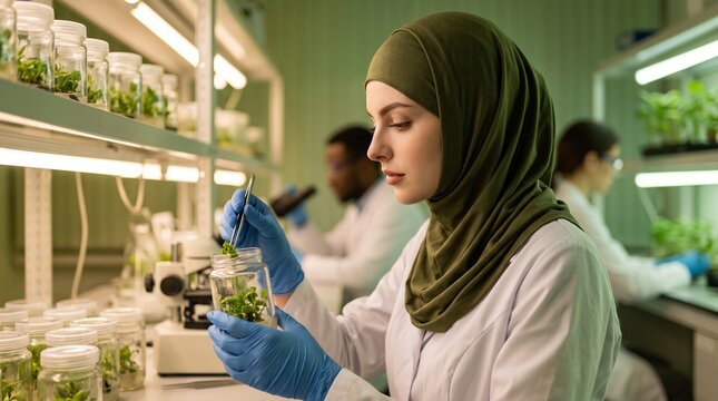 Muslim female scientist in hijab working in biotechnology lab, analyzing plant specimens in glass jars, agricultural research concept