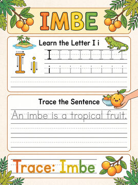 Educational alphabet letter I worksheet with imbe fruit and sentence tracing