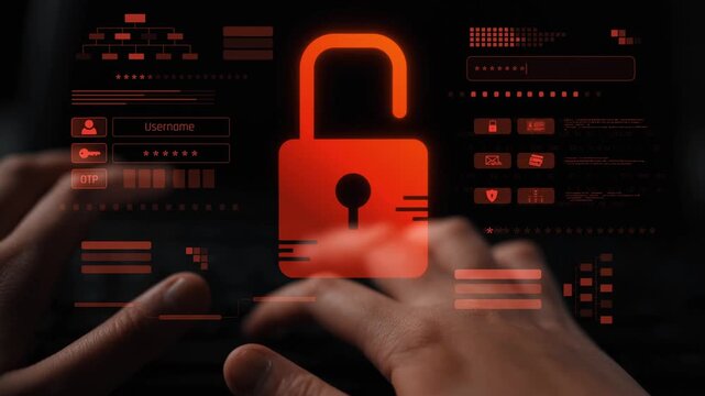Digital security concept illustrating a cybersecurity breach, with a red unlocked padlock indicating data exposure among secure systems, emphasizing system vulnerability and risk Marrow