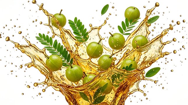 Fresh green amla fruit splashing in golden herbal oil with leaves. amala oil