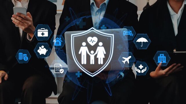 Modern Business Concepts with Health and Insurance Icons Featuring Professional People Using Digital Devices in Office Setting. Entropy.