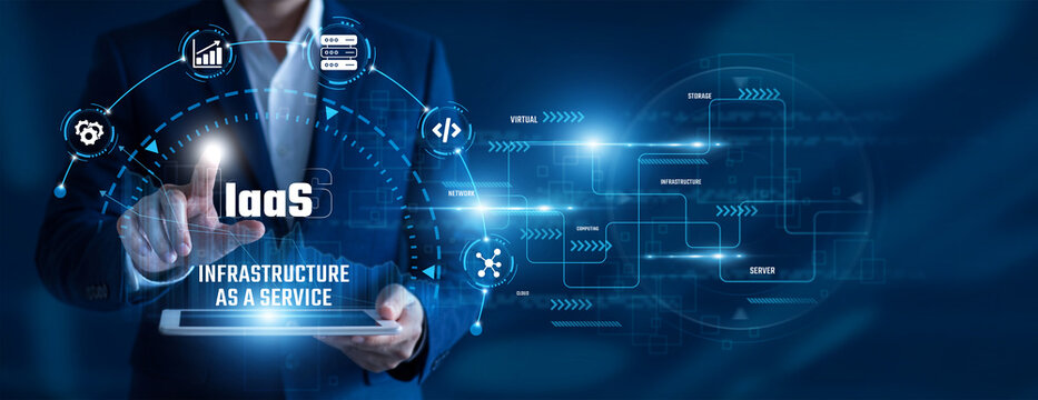 Cloud Engineer using tablet analysing Infrastructure as a Service data. Virtual infrastructure, cloud resources, server management, scalable solutions, digital platforms, technology services.