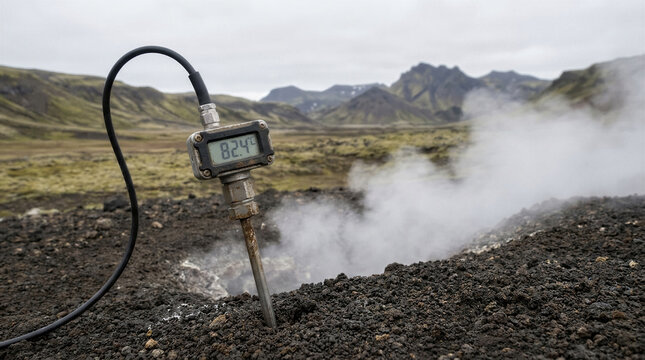 Digital temperature sensor probe measuring heat near steaming geothermal vent in volcanic soil field with mountains environmental monitoring geology technology research