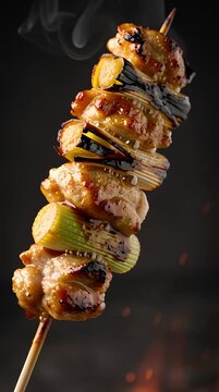 Japanese Yakitori chicken skewers roasting over coals in studio environment with cinematic smoke lighting