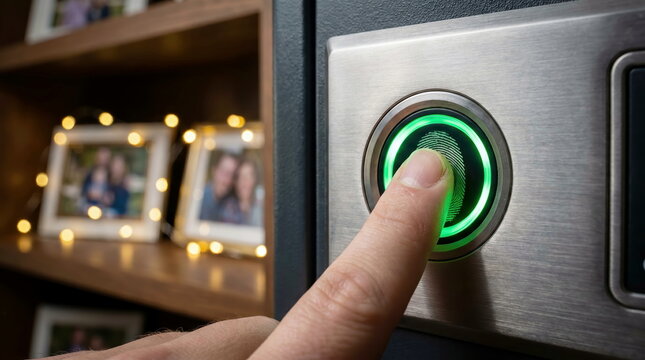 Fingerprint scanner activating biometric security system inside home with personal items, digital data protection and privacy.