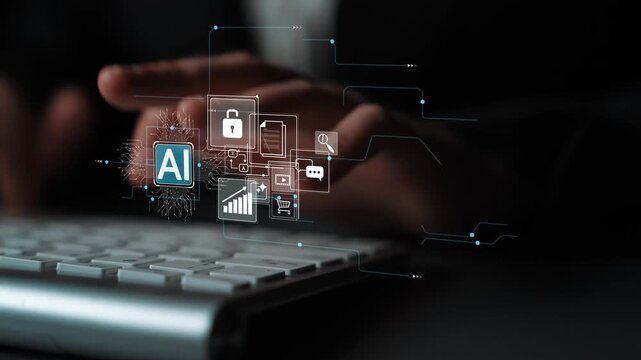 Concept of artificial intelligence technology with user hands on keyboard and digital icons representing security, communication, and analytics in professional setting Gluon.