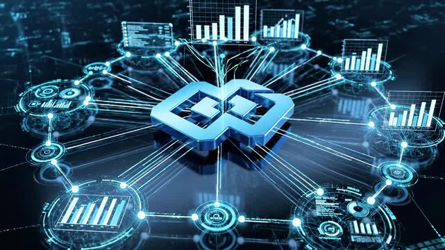 Blue glowing 3D interlocking cube logo for connectivity.