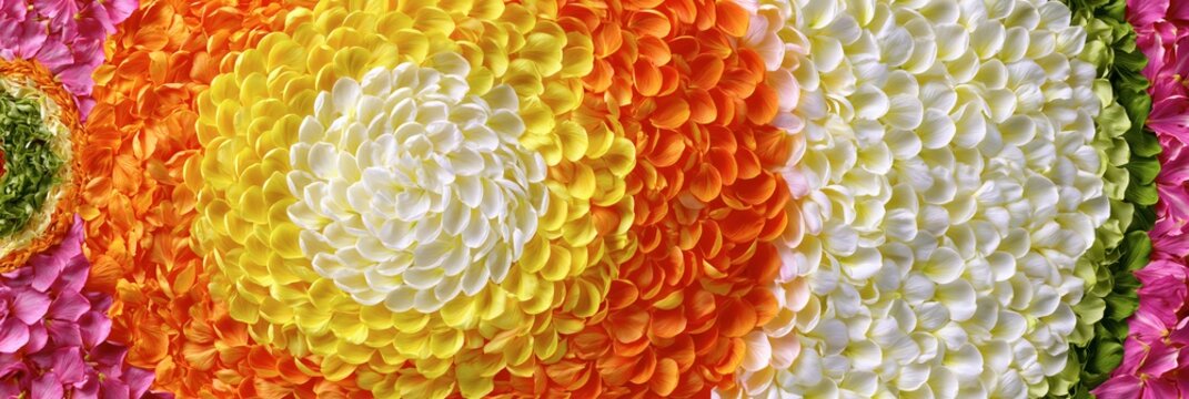 Vibrant gradient background made of colorful flower petals, onam festival banner realistic banner