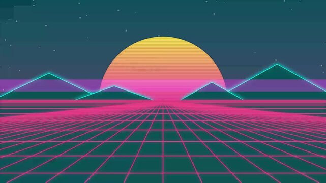 Retro synthwave style flash sale banner with neon grid