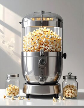 Gleaming popcorn maker brimming with fluffy kernels, flanked by jars