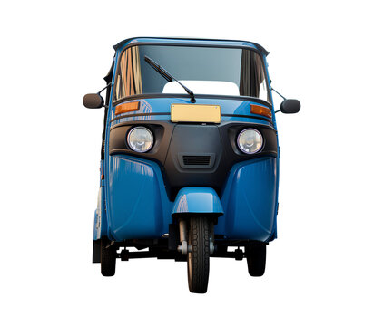 Blue Bajaj Indonesia, Jakarta City traditional auto rickshaw tuktuk taxi vehicle direct front view isolated on a transparent background for Asian street transport stock element