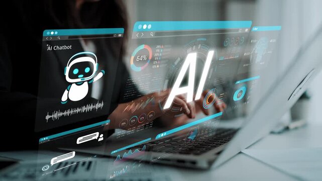 Futuristic Technology Concept of AI Chatbot Interaction with Data Visualization and User Engagement on Modern Laptop Display Sigmoid