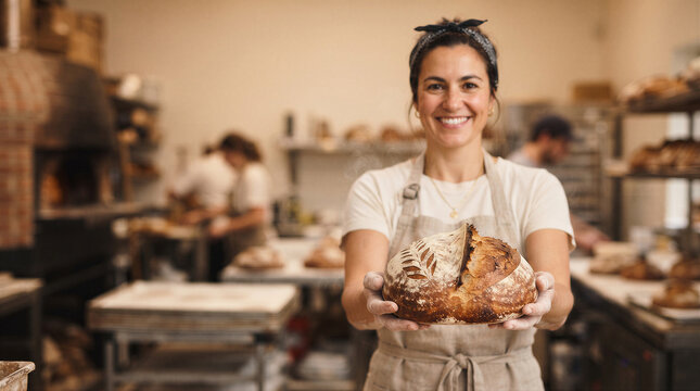 Smiling female baker holding a freshly baked loaf of sourdough bread in a professional bakery kitchen with staff working in the background