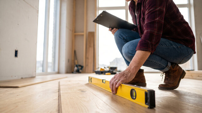 Professional contractor inspecting new hardwood flooring installation with a spirit level and clipboard in a construction site interior