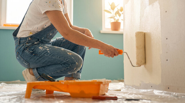 A person in denim overalls painting a wall with a paint roller in a room with natural light