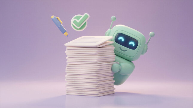 3d illustration of a cute green robot peeking from behind a large stack of documents with a pen and a checkmark icon floating above