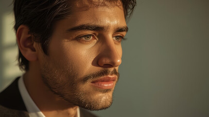 Obraz premium Handsome mature man portrait cinematic close up warm golden light
