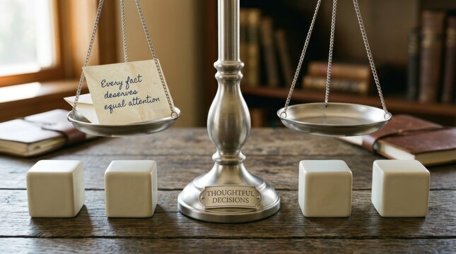 Classic silver scales of justice resting on a wooden table in a law office. A paper note states every fact deserves equal attention beside a plaque reading thoughtful decisions on the metal