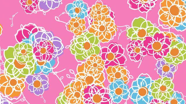 Animated colorful hand-drawn flowers shifting across a vibrant pink background in a repeating floral pattern