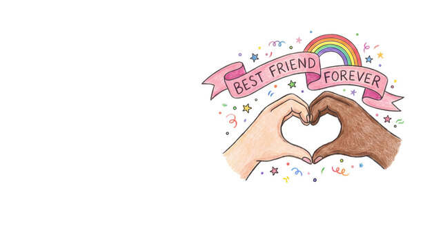 Hand drawn illustration featuring two diverse hands forming a heart shape with a colorful ribbon displaying the meaningful text best friend forever and small decorative stars