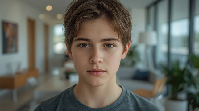 Close up portrait of teenage boy with calm expression in modern living room