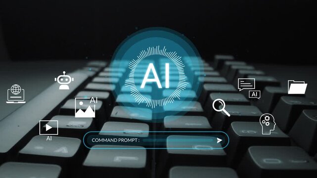 Futuristic Concept of Artificial Intelligence with Keyboard, Icons, and Command Prompt Interface in Dark Environment Gluon.