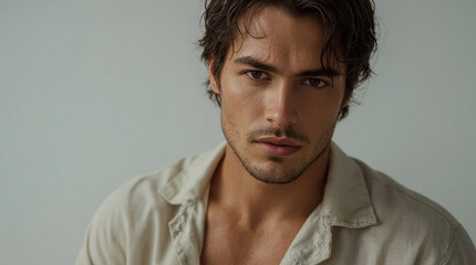 Fototapeta premium Handsome man portrait with intense gaze and soft cinematic lighting