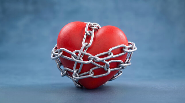 A vibrant red heart is tightly bound by silver metal chains against a textured blue background, symbolizing emotional restriction, heartbreak, guarded feelings or forbidden love.